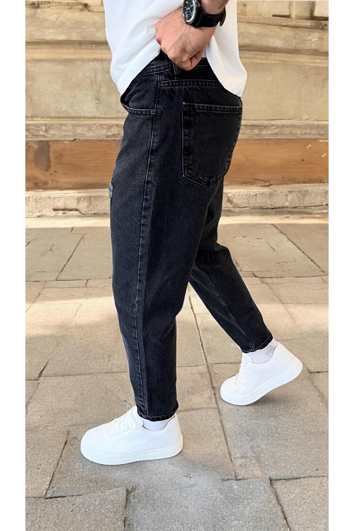 BOYFRİEND SİYAH DİZ YIRTIK LAZERLİ JEANS PANTOLON YENİ SEZON 2026 -2259-1-