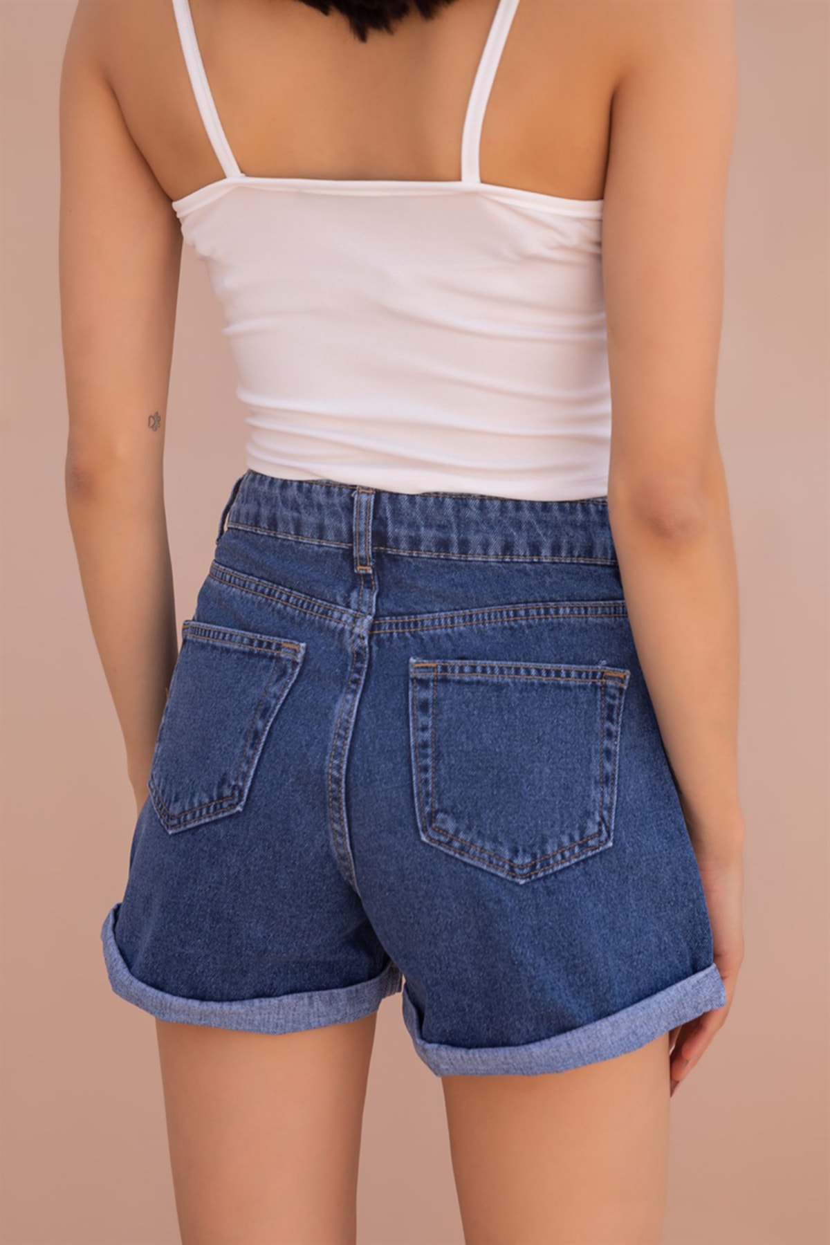 Koyu Mavi - Duble Paça Denim Şort