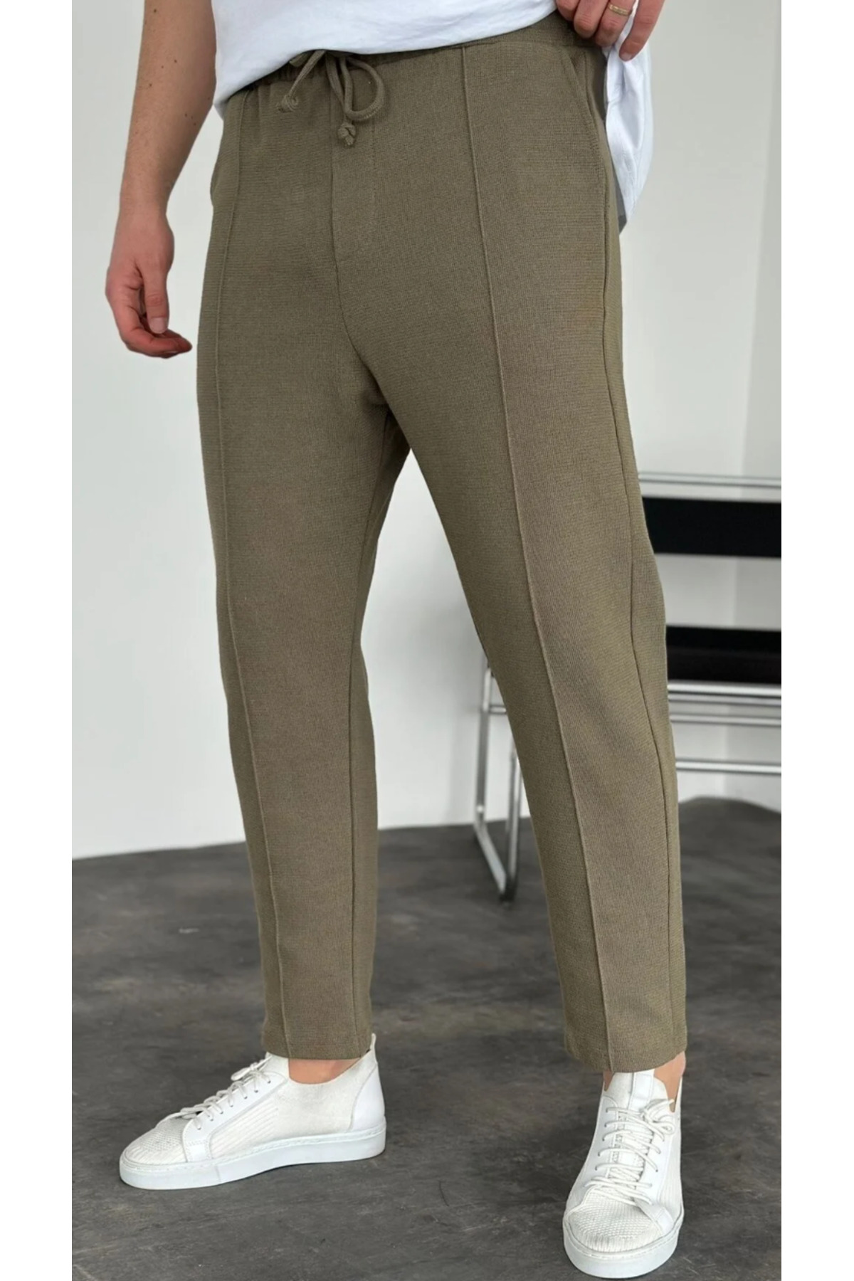 Boyfriend Erkek Dikişli Waffle Kumaş Lastikli Bel Haki Jogger