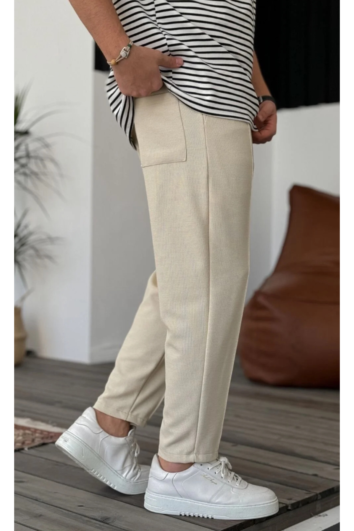 BEJ -WAFFLE Boyfriend Erkek Dikişli  Lastikli Bel  Jogger