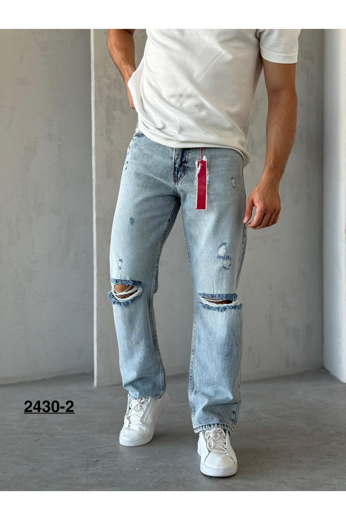 Buz Mavi- 2 Yırtık Lazer Detaylı Baggy Jeans