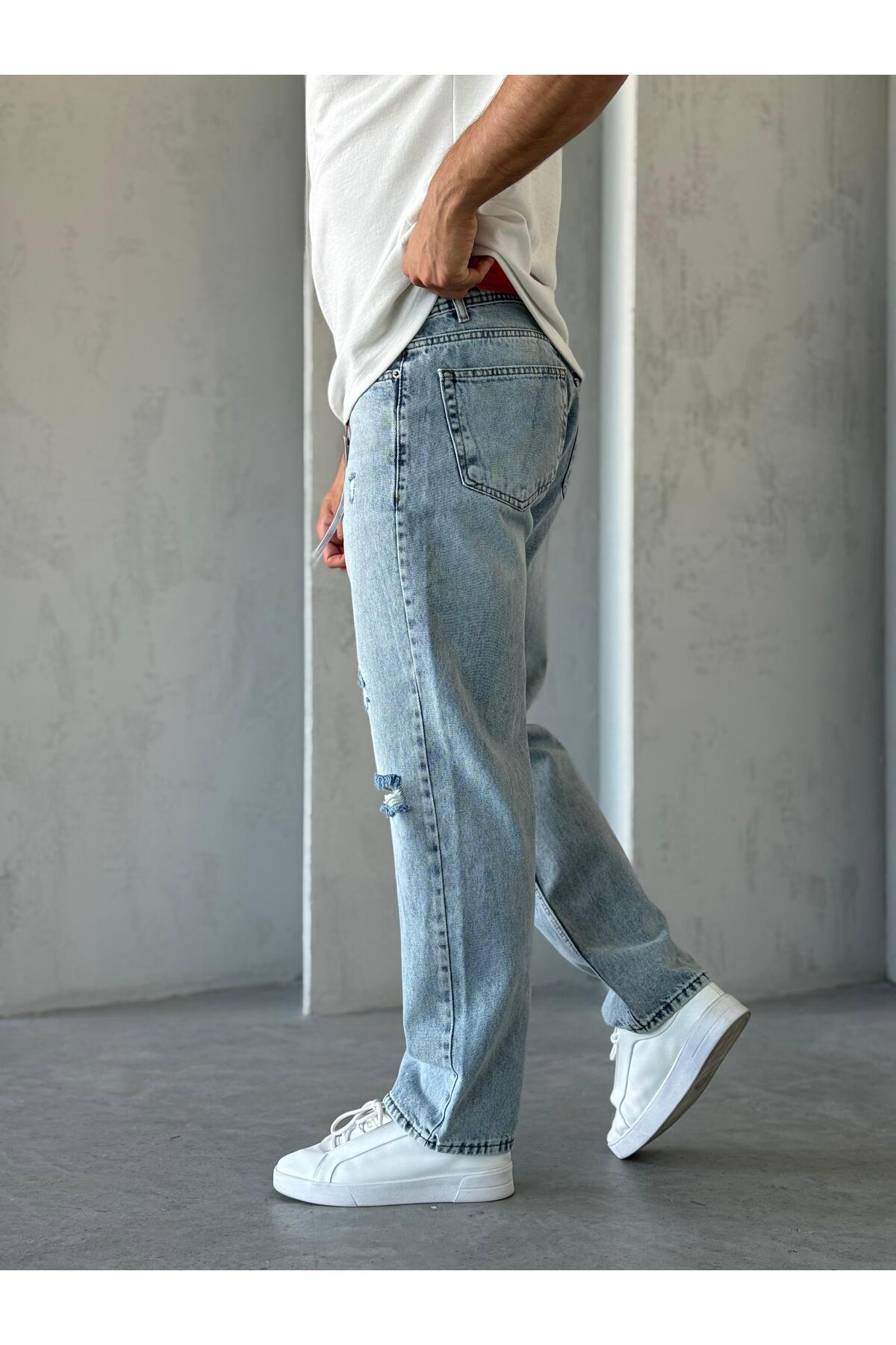 Buz Mavi- 2 Yırtık Lazer Detaylı Baggy Jeans