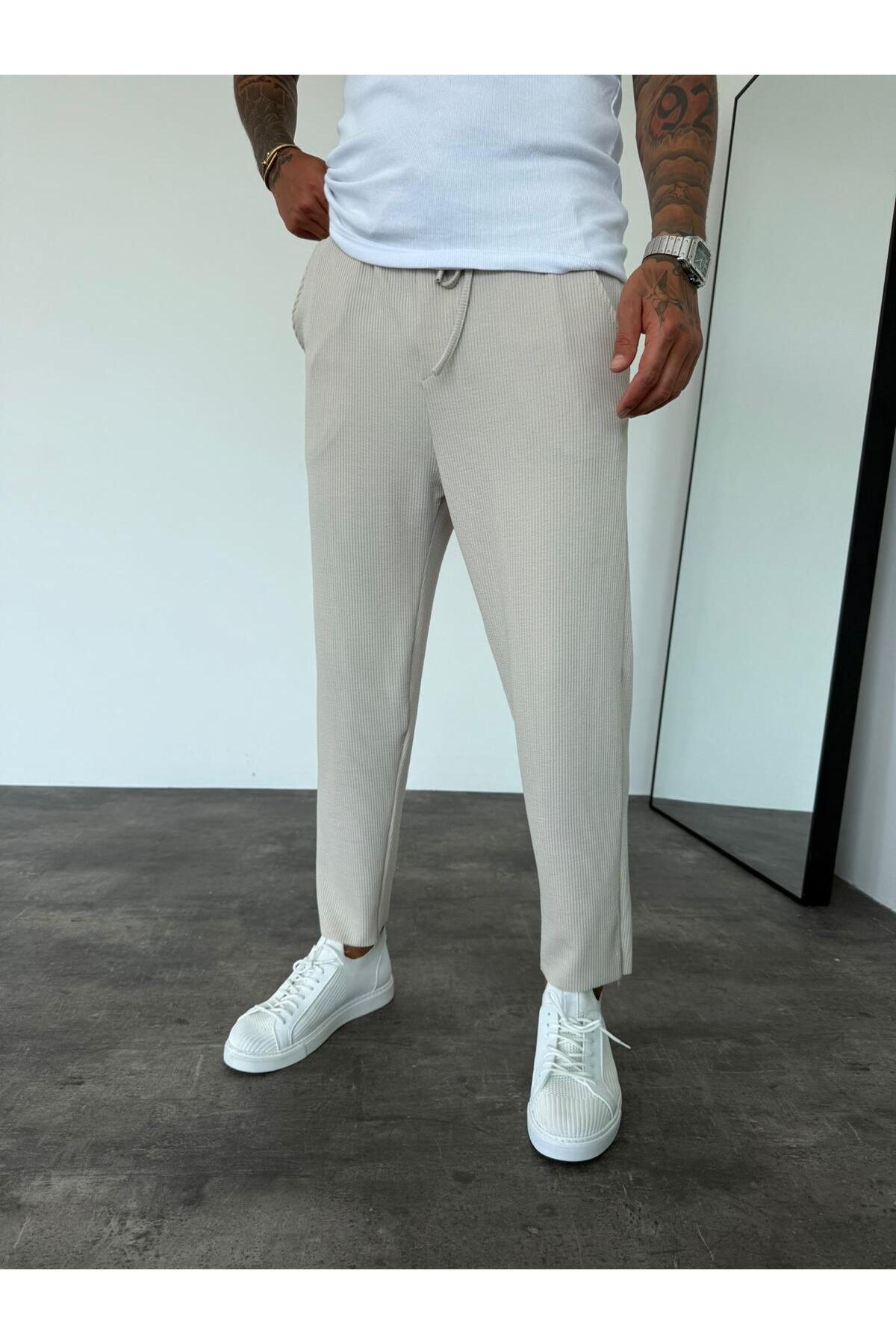 KREM -Erkek Boyfriend Örme Kumaş Lastikli Bel Jogger