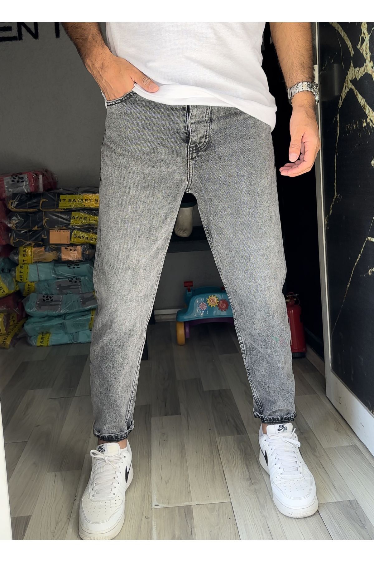 Erkek Mavi Lazer Işlemli Pantolon