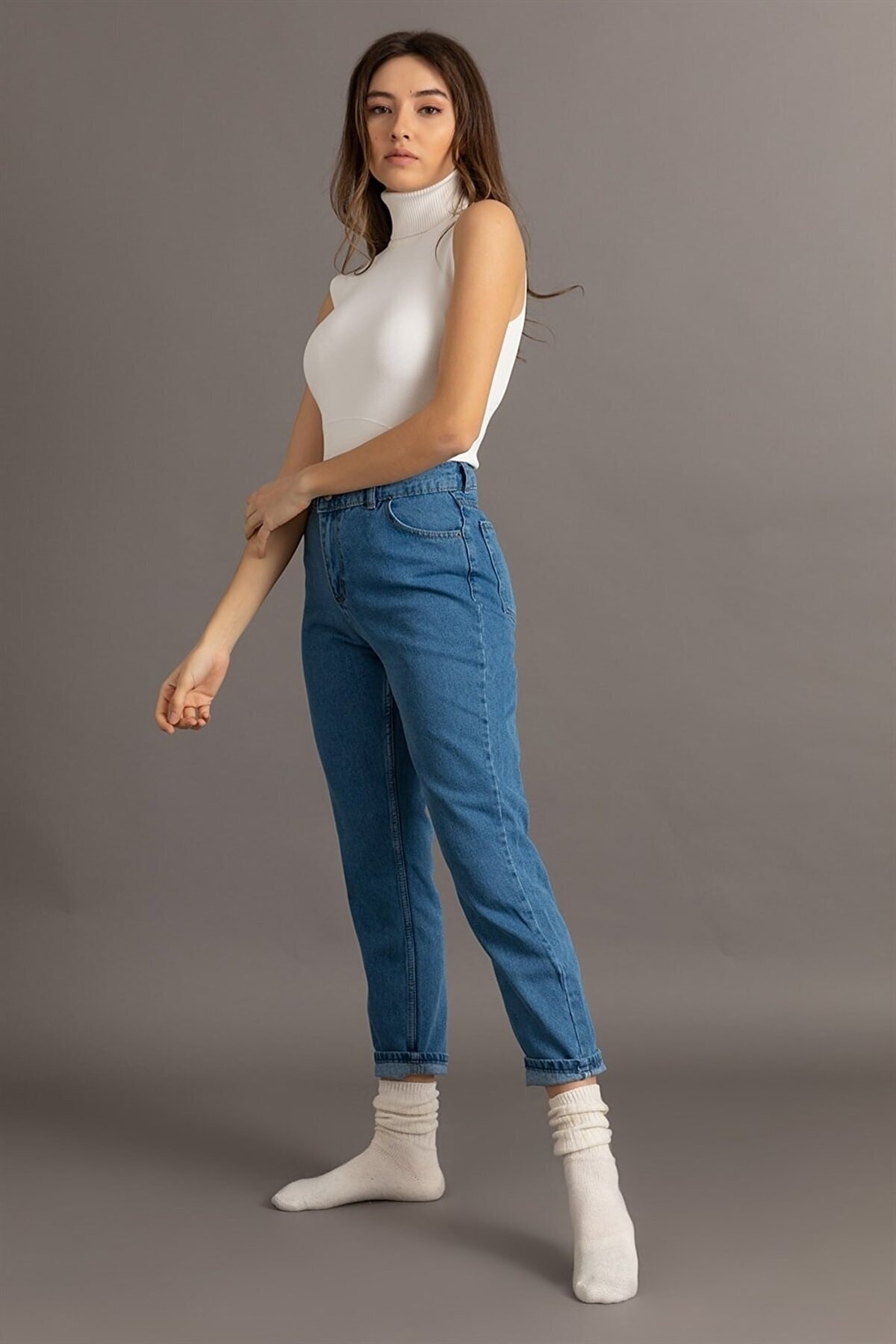 Açık Mavi Likralı Mom Süper Yüksek Bel Mom Jeans