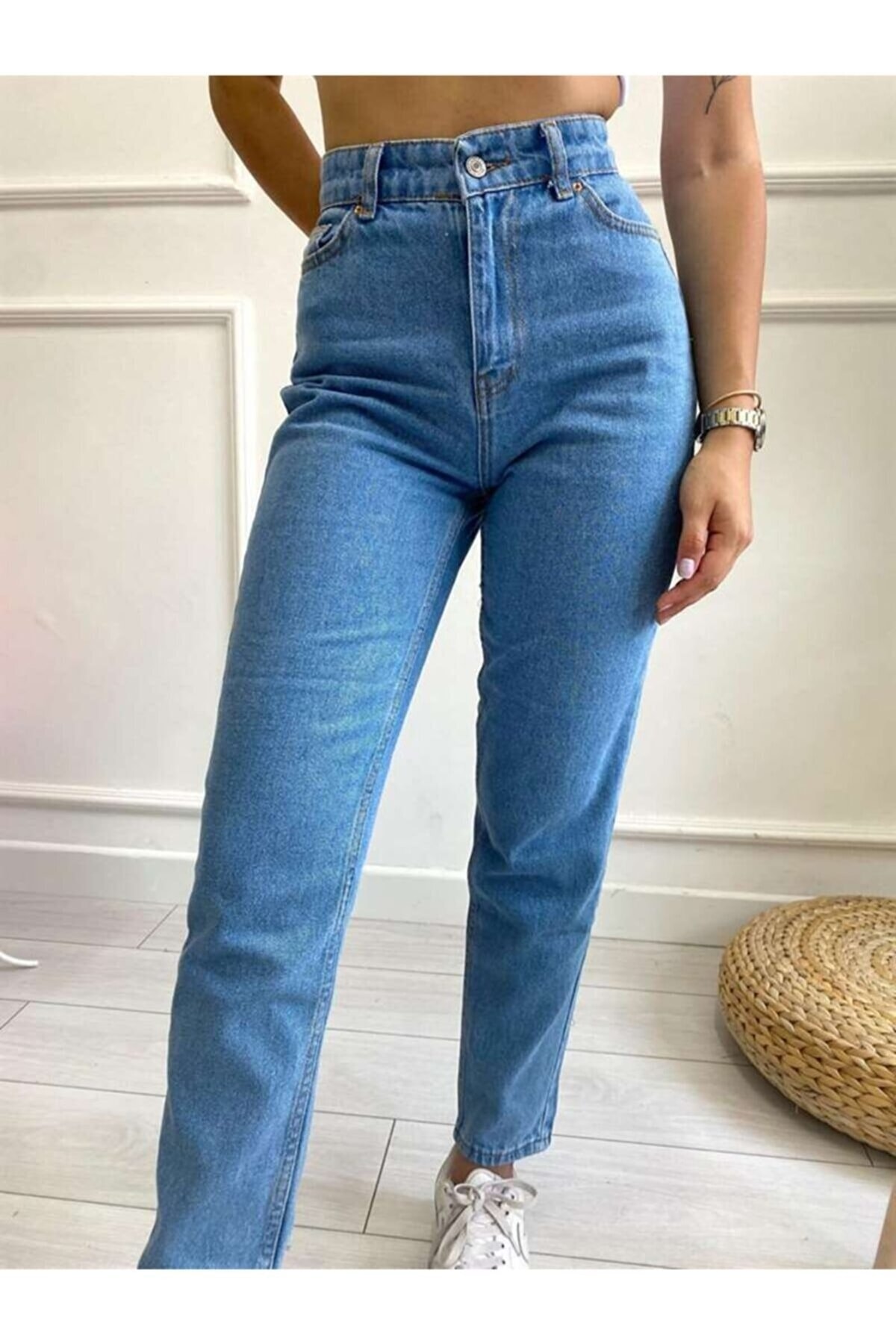 Açık Mavi Likralı Mom Süper Yüksek Bel Mom Jeans