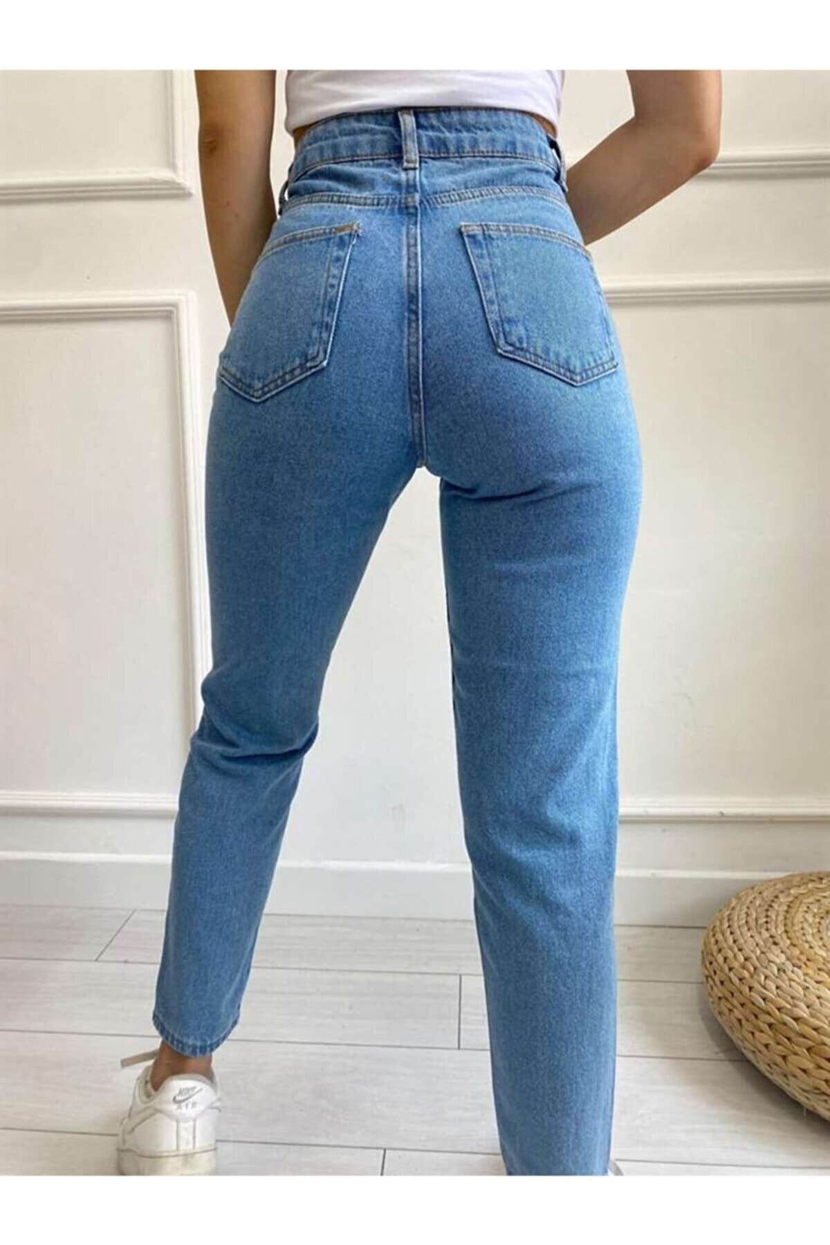 Açık Mavi Likralı Mom Süper Yüksek Bel Mom Jeans