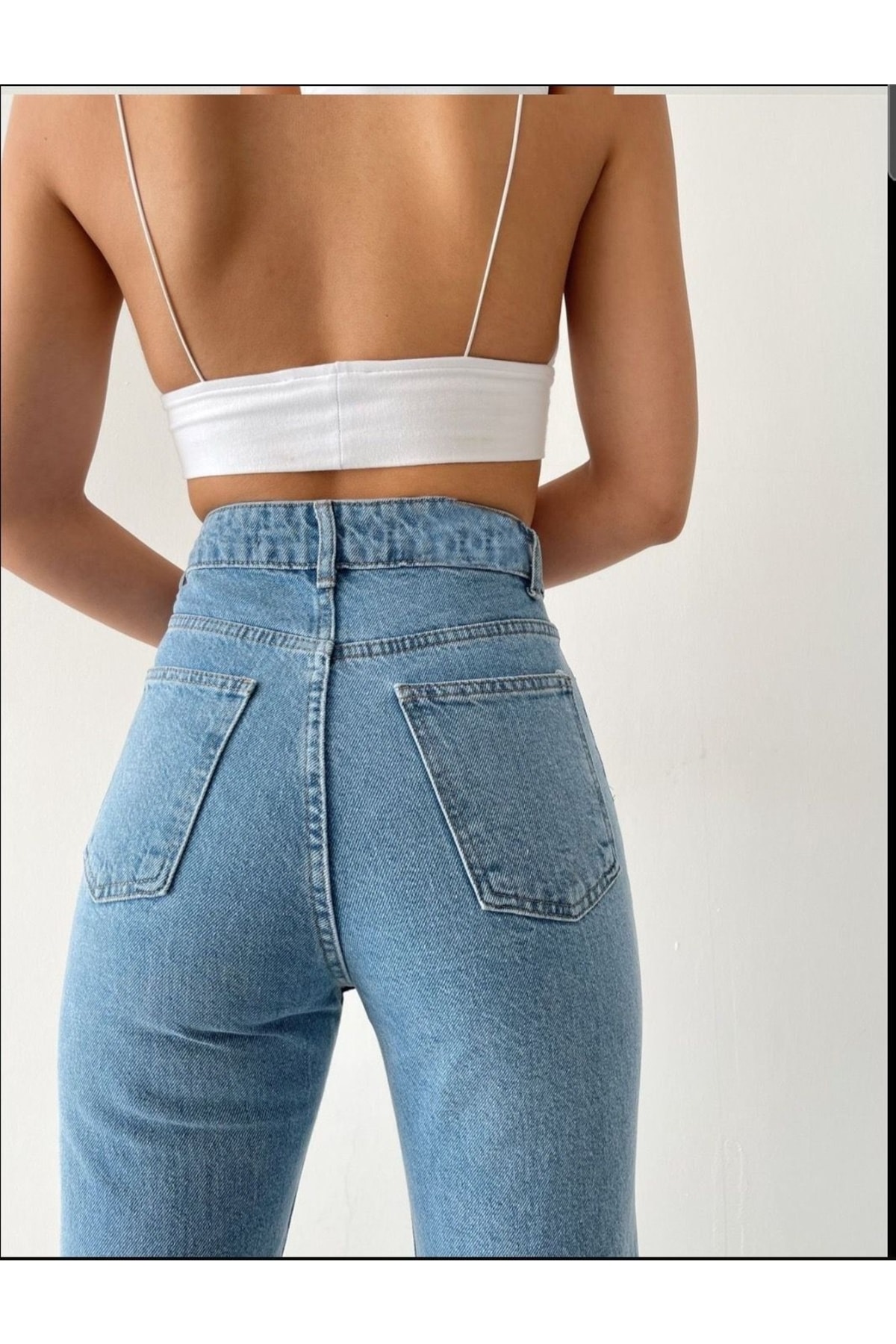 Açık Mavi Likralı Mom Süper Yüksek Bel Mom Jeans