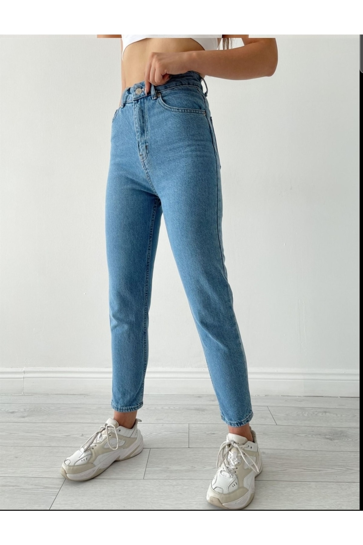 Açık Mavi Likralı Mom Süper Yüksek Bel Mom Jeans