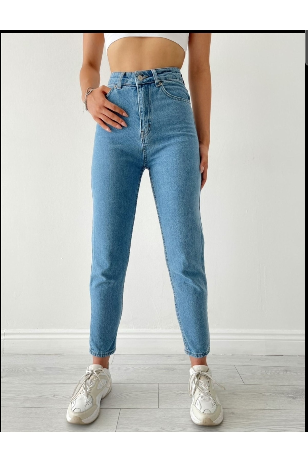 Açık Mavi Likralı Mom Süper Yüksek Bel Mom Jeans