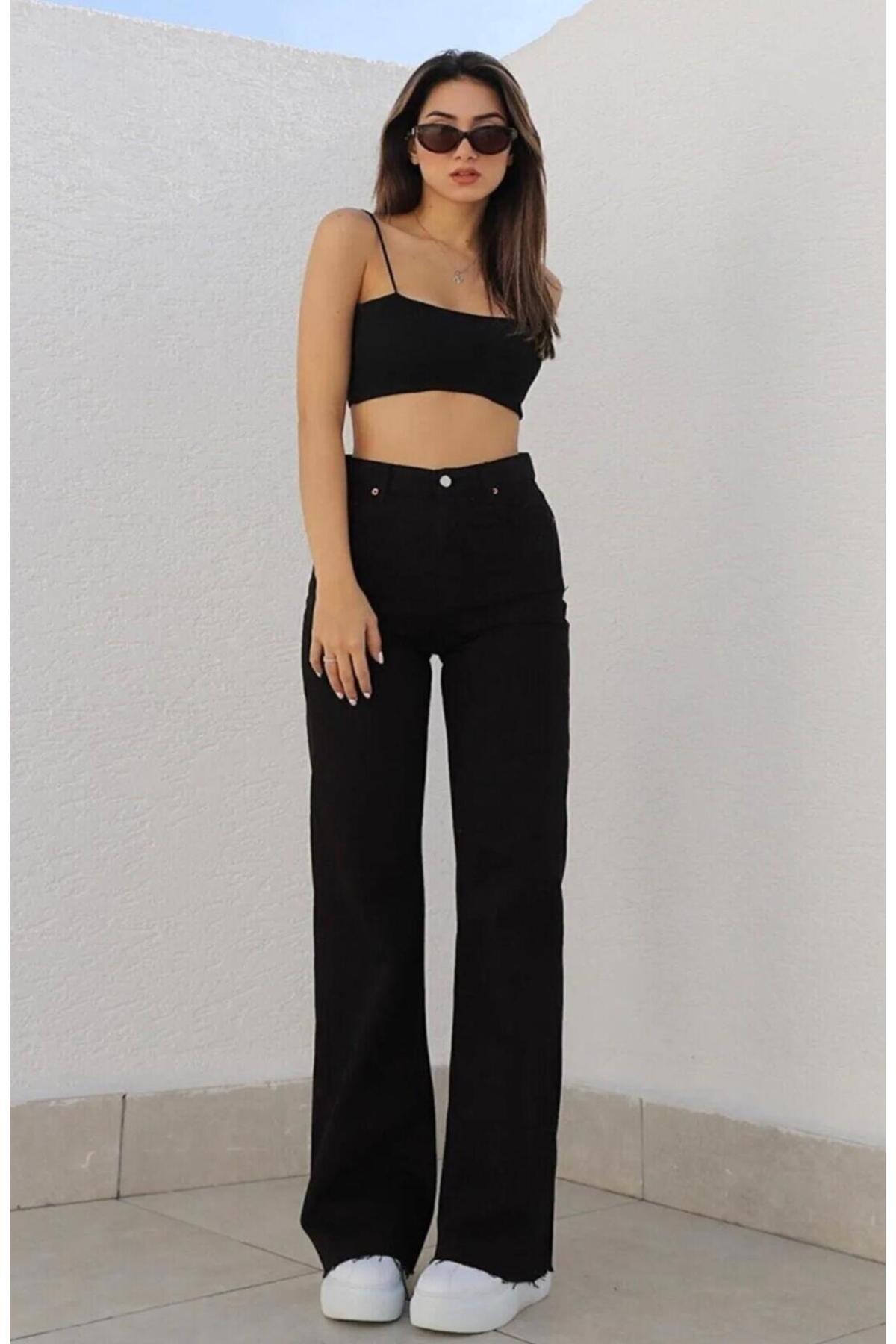 Palazzo Siyah Bol Paça Yüksek Bel Salaş Wide Leg Jeans