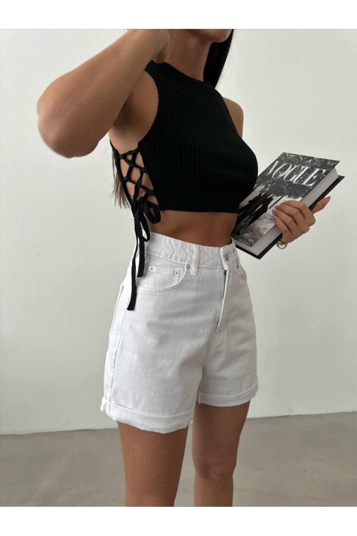 Beyaz-Duble Paça Denim şort