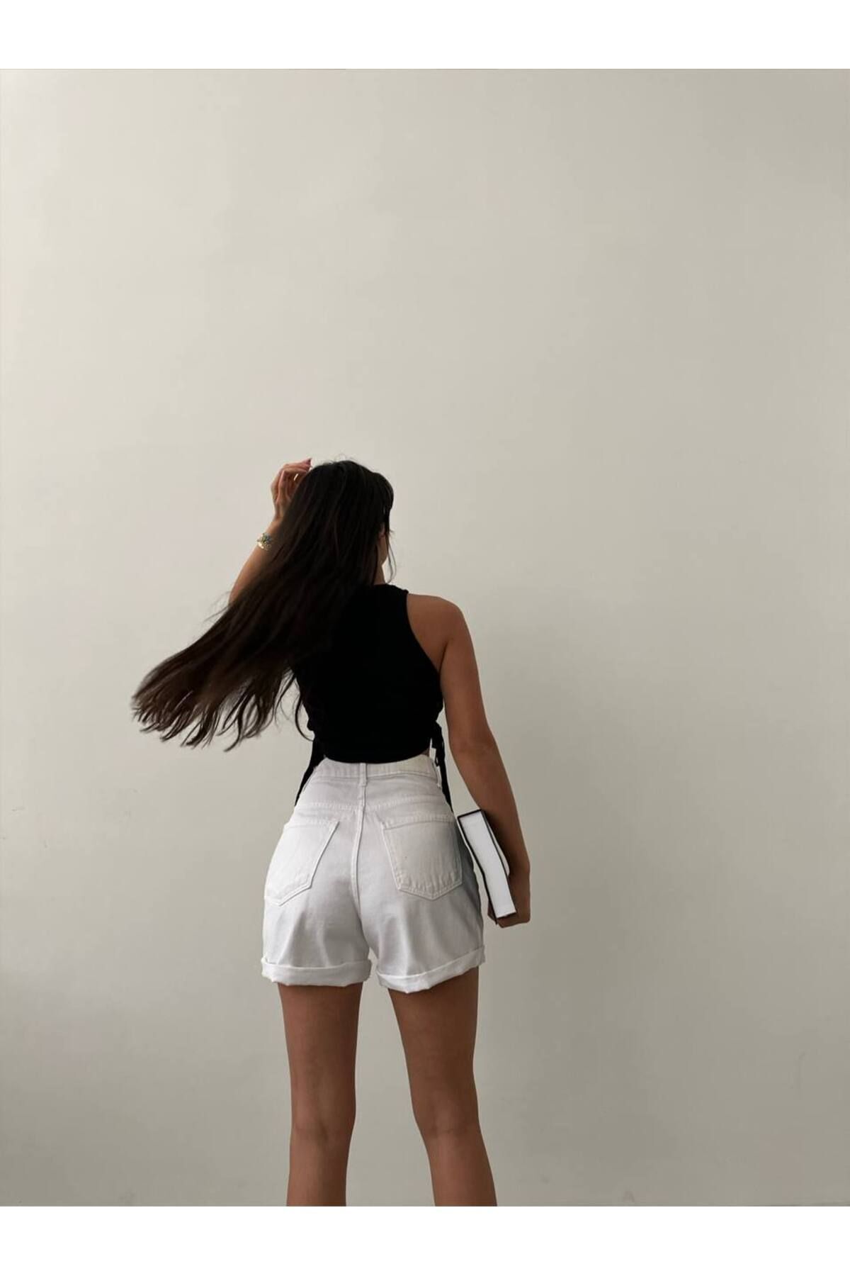 Beyaz-Duble Paça Denim şort