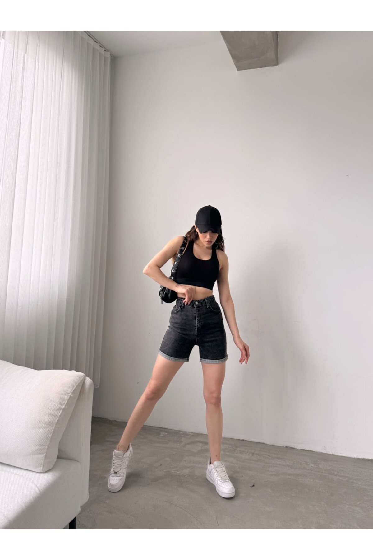 Füme - Duble Paça Uzun Denim Şort