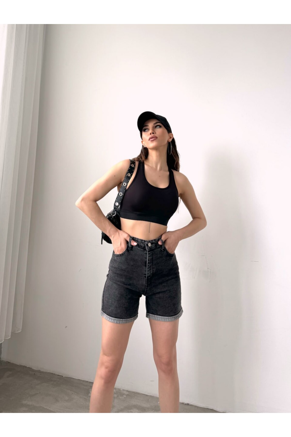 Füme - Duble Paça Uzun Denim Şort