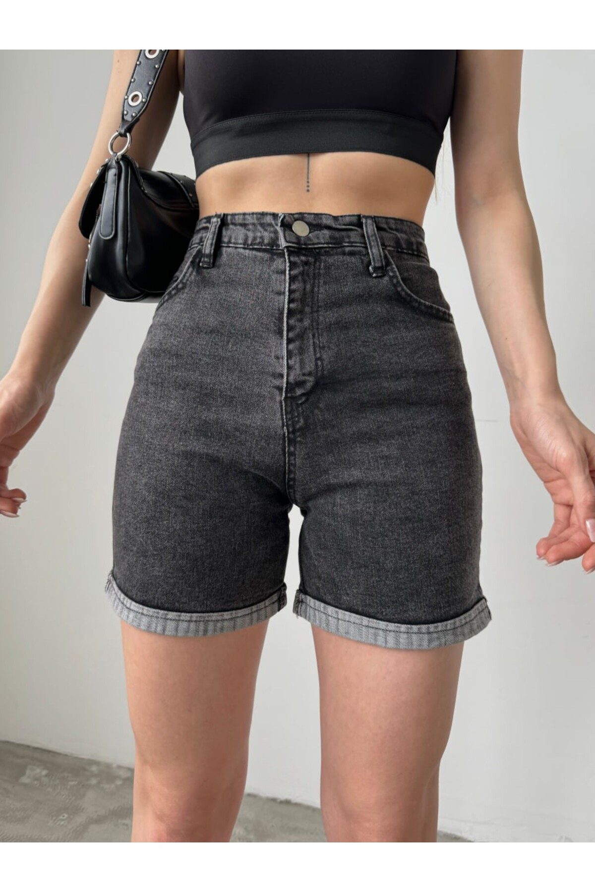 Füme - Duble Paça Uzun Denim Şort