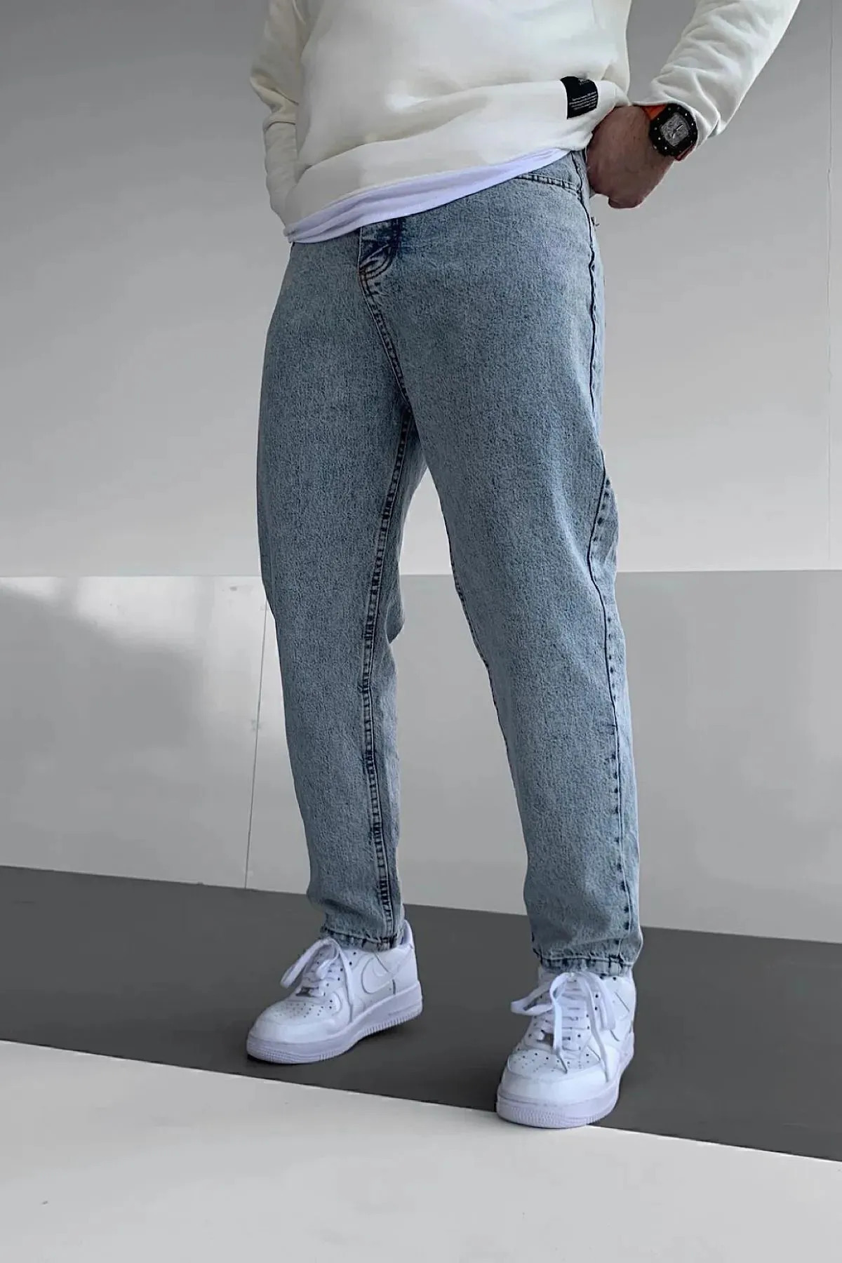 V- BUZMAVİ Asit Yıkama Kot Pantolon Boyfriend
