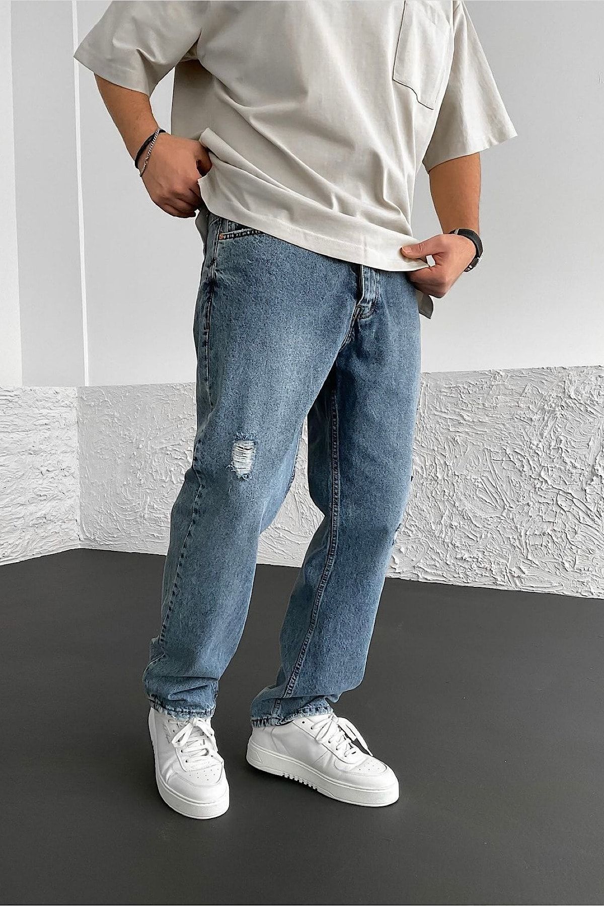 V-BUZ MAVİ - LAZERLİ -Baggy Bol Paça Rahat Kalıp Kot Pantolon