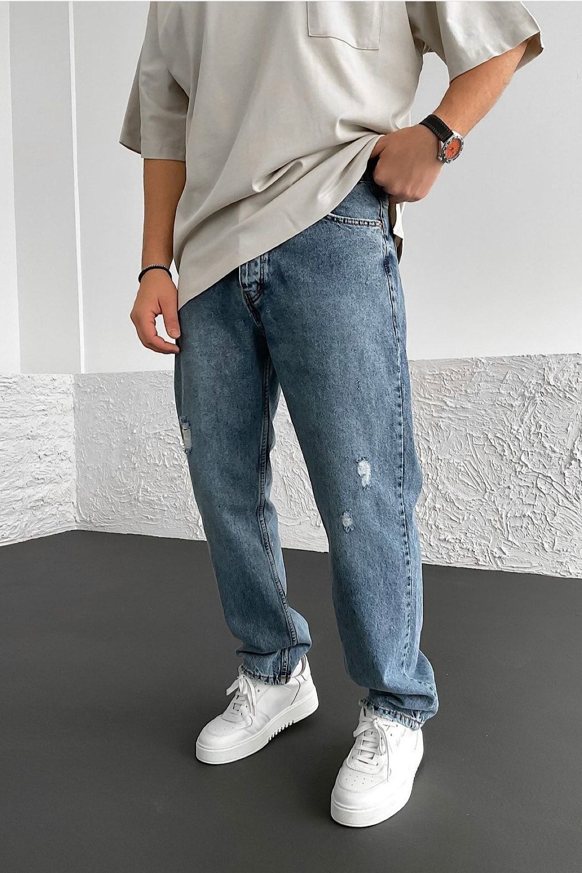 V-BUZ MAVİ - LAZERLİ -Baggy Bol Paça Rahat Kalıp Kot Pantolon