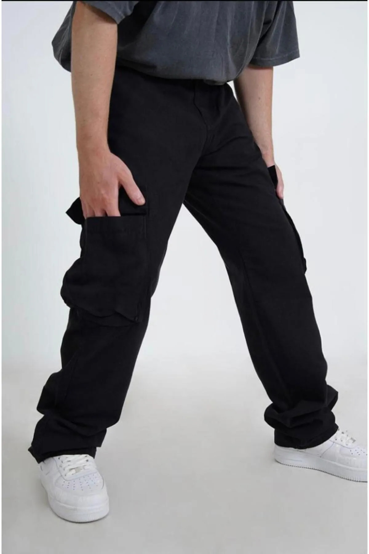 SİYAH -Kargo Baggy  Likralı Kumaş Yan Cepli Pantolon