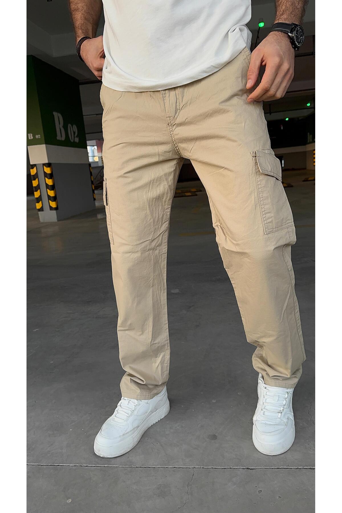 KREM -Kargo Baggy Yan Cepli Pantolon