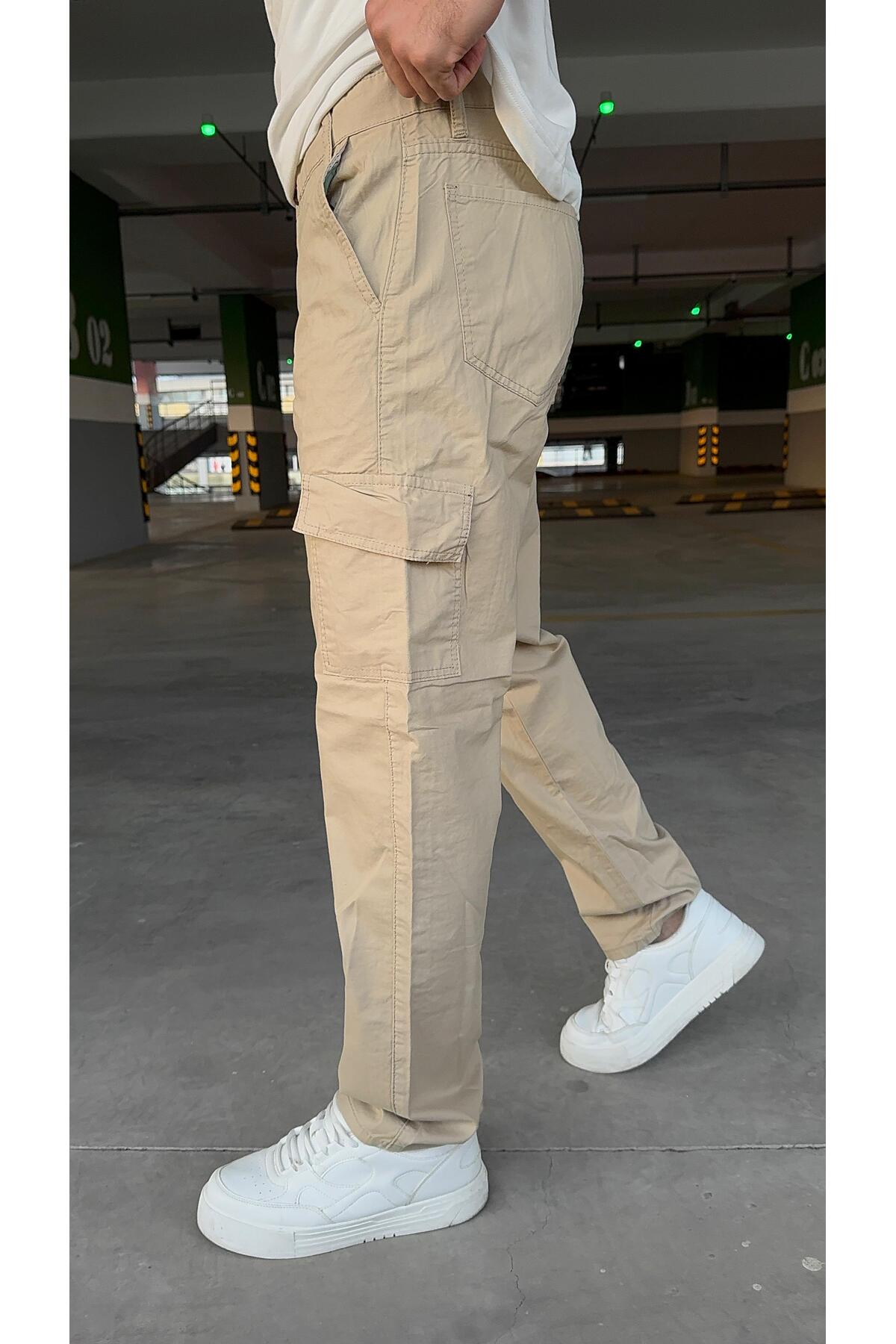 KREM -Kargo Baggy Yan Cepli Pantolon