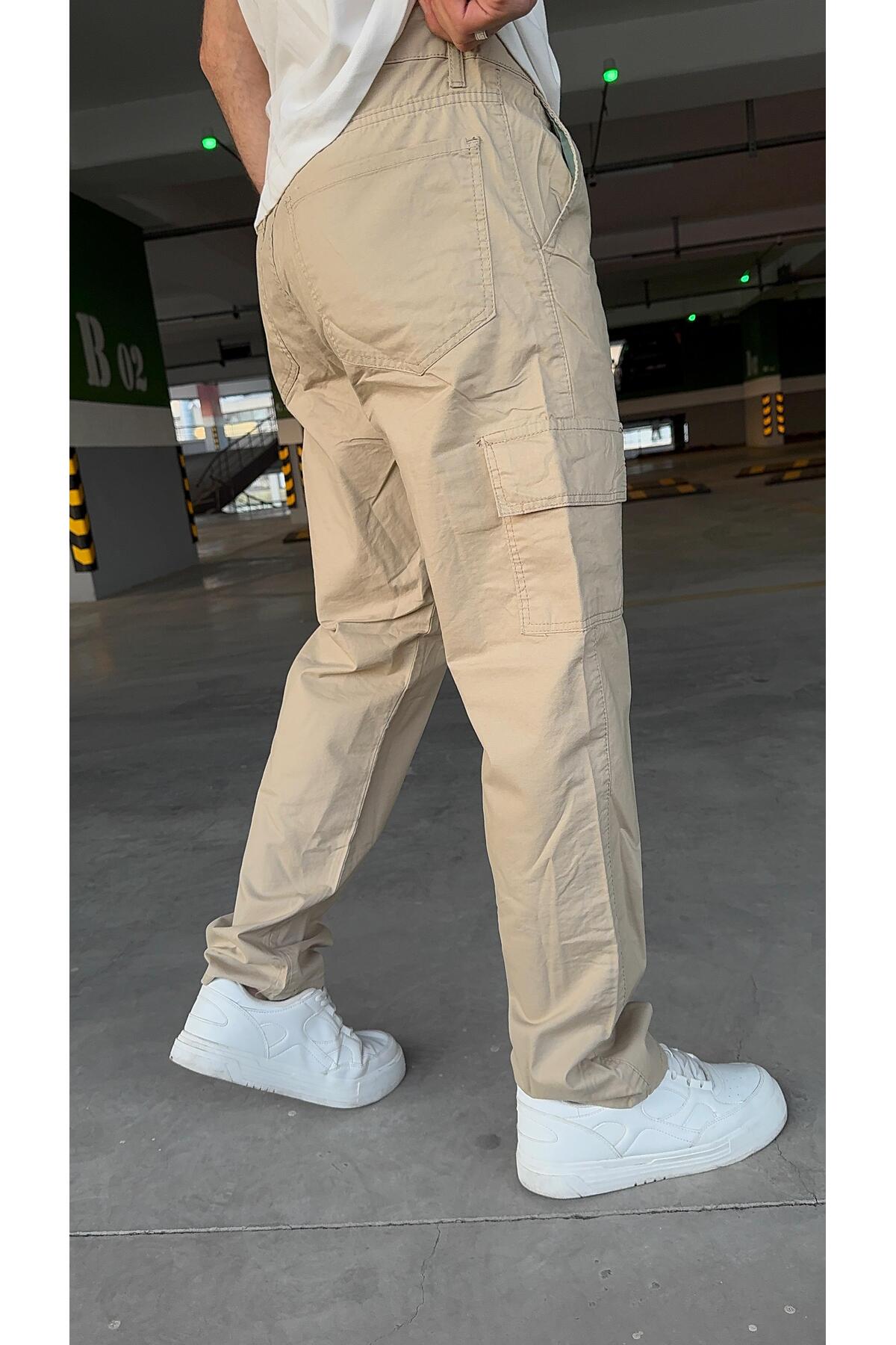 KREM -Kargo Baggy Yan Cepli Pantolon