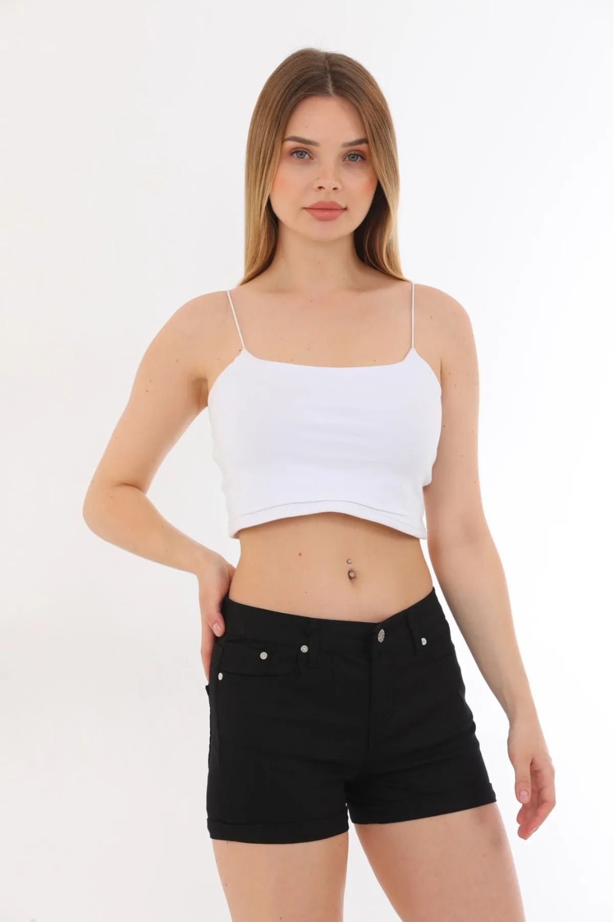 Kadın Siyah Kot Şort Duble Paça Denim Likralı Toparlayıcı Premium