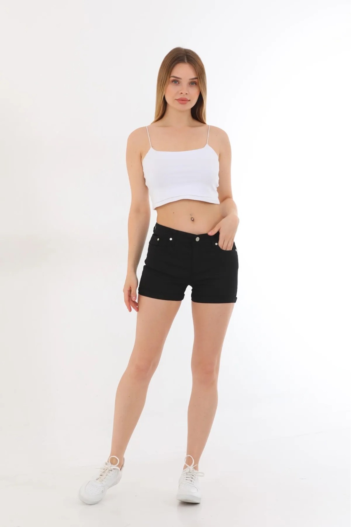Kadın Siyah Kot Şort Duble Paça Denim Likralı Toparlayıcı Premium