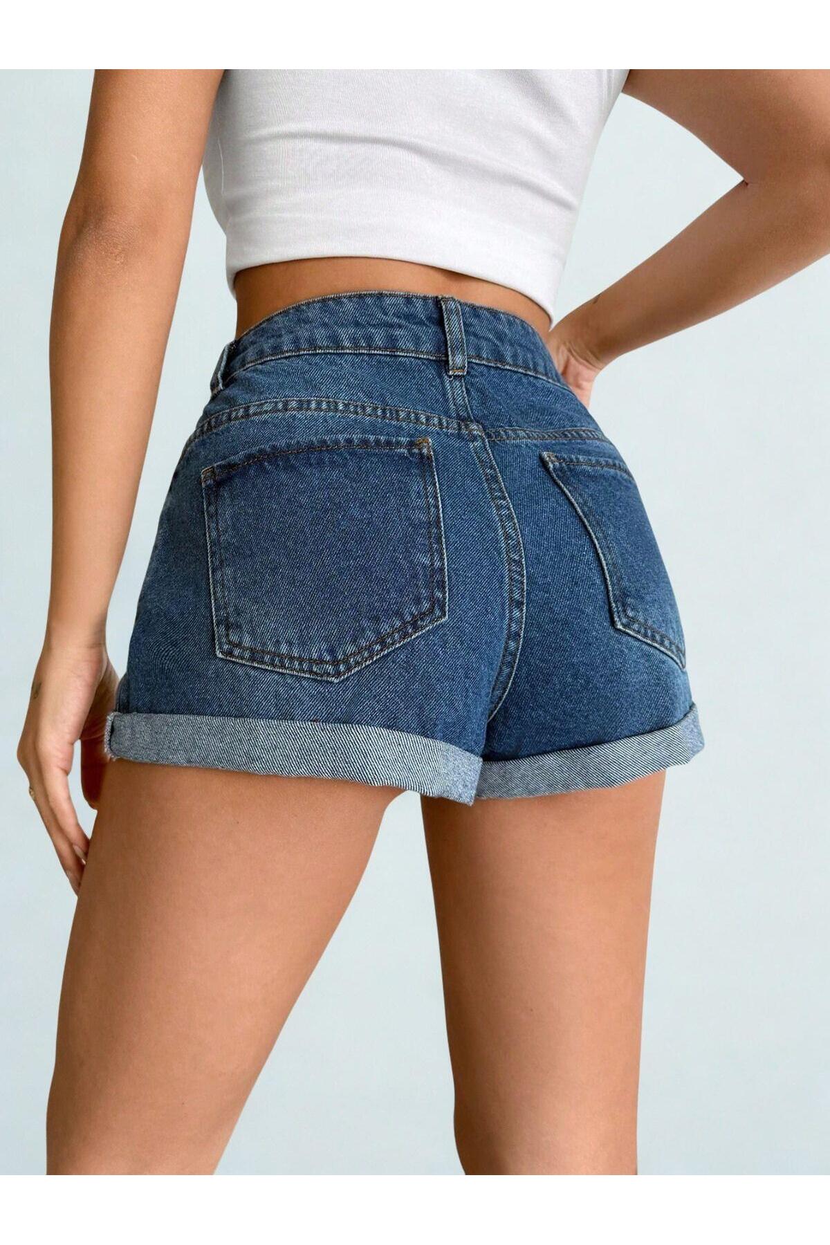 Kadın Yüksek Bel Katlamalı Paça Denim Şort Mavi