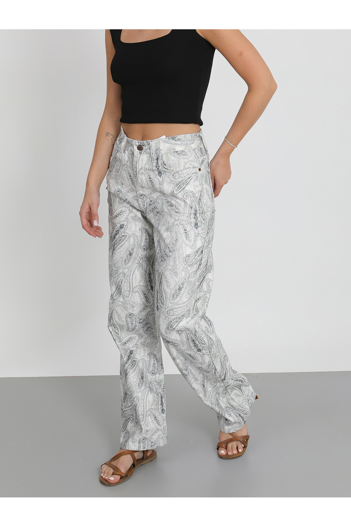 Kadın Mavi Wide Leg Su Yeşili Desenli Palazzo Jean