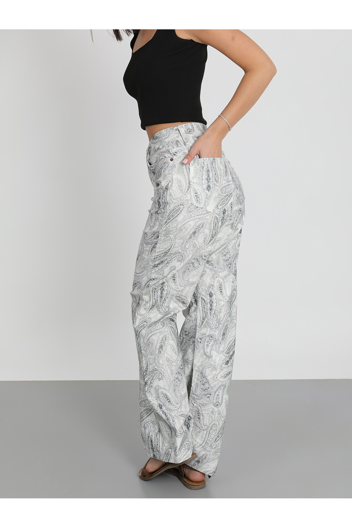 Kadın Mavi Wide Leg Su Yeşili Desenli Palazzo Jean