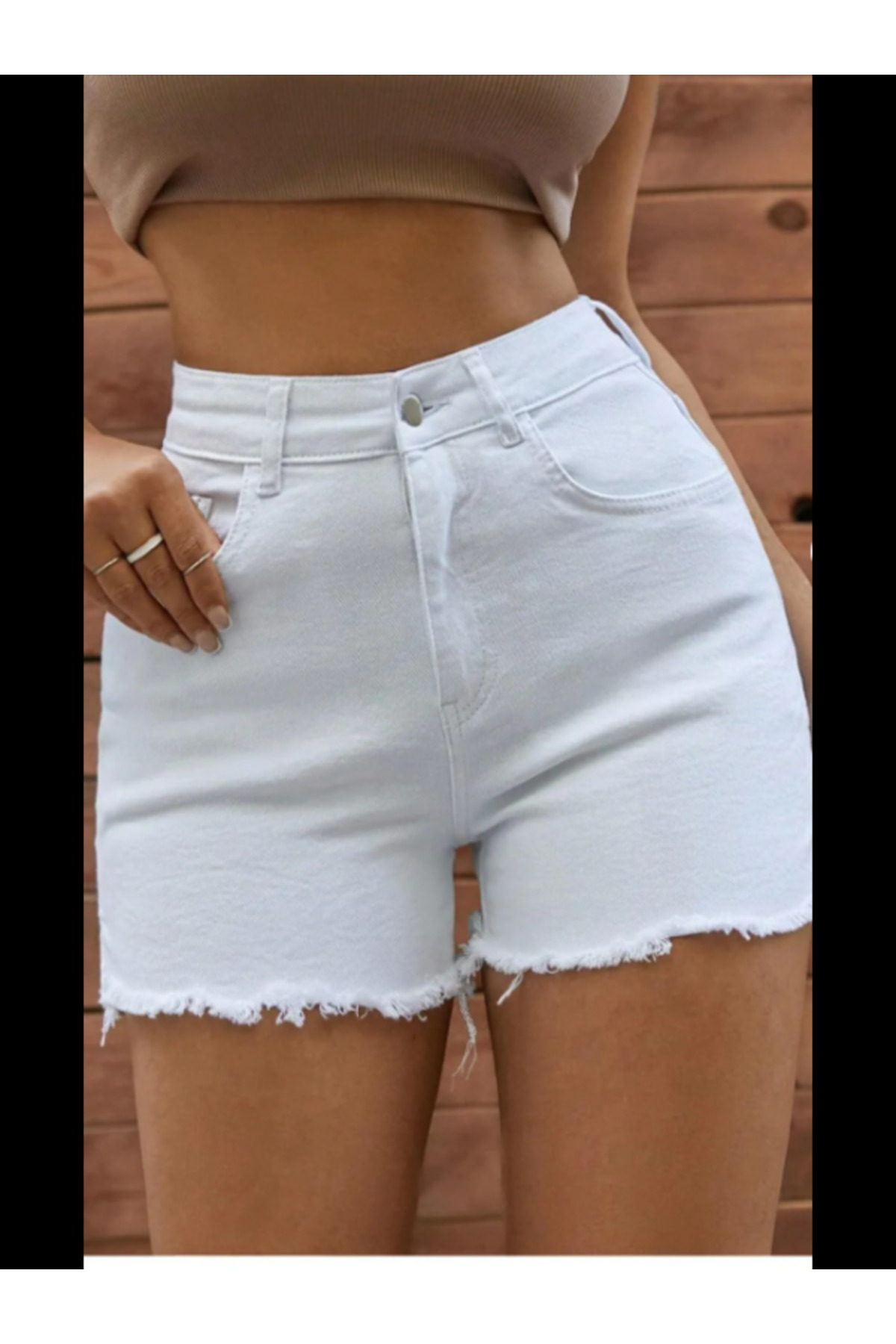 Kadın Yüksek Bel Yırtmaç Detaylı Denim Kot Şort Beyaz