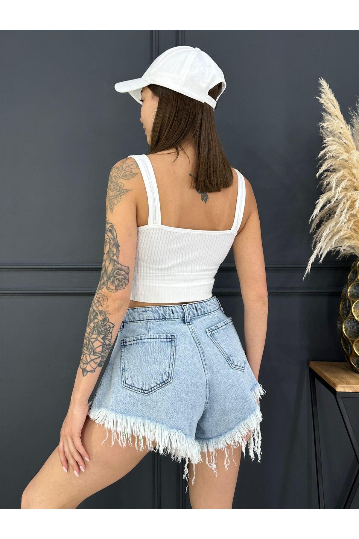 Buz Mavisi- Polo Kadın Yüksek Bel Püsküllü Denim Kot Şort