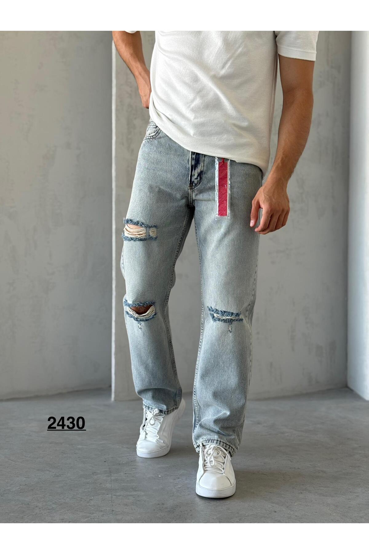Buz Mavi -3 Yırtık Erkek  Baggy Pantolon