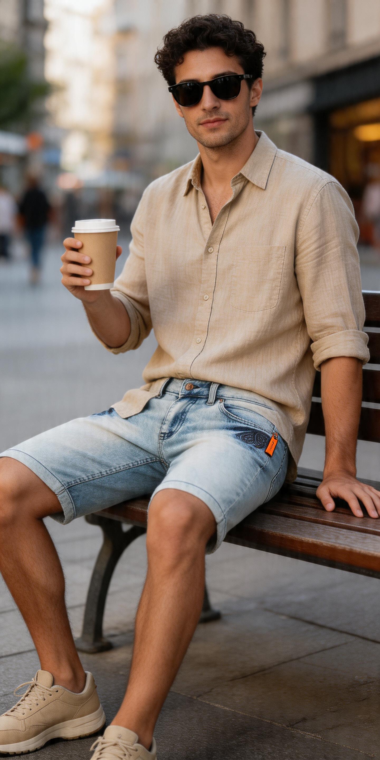 Erkek Denim Baskılı Halka Desenli Açık Mavi Şort