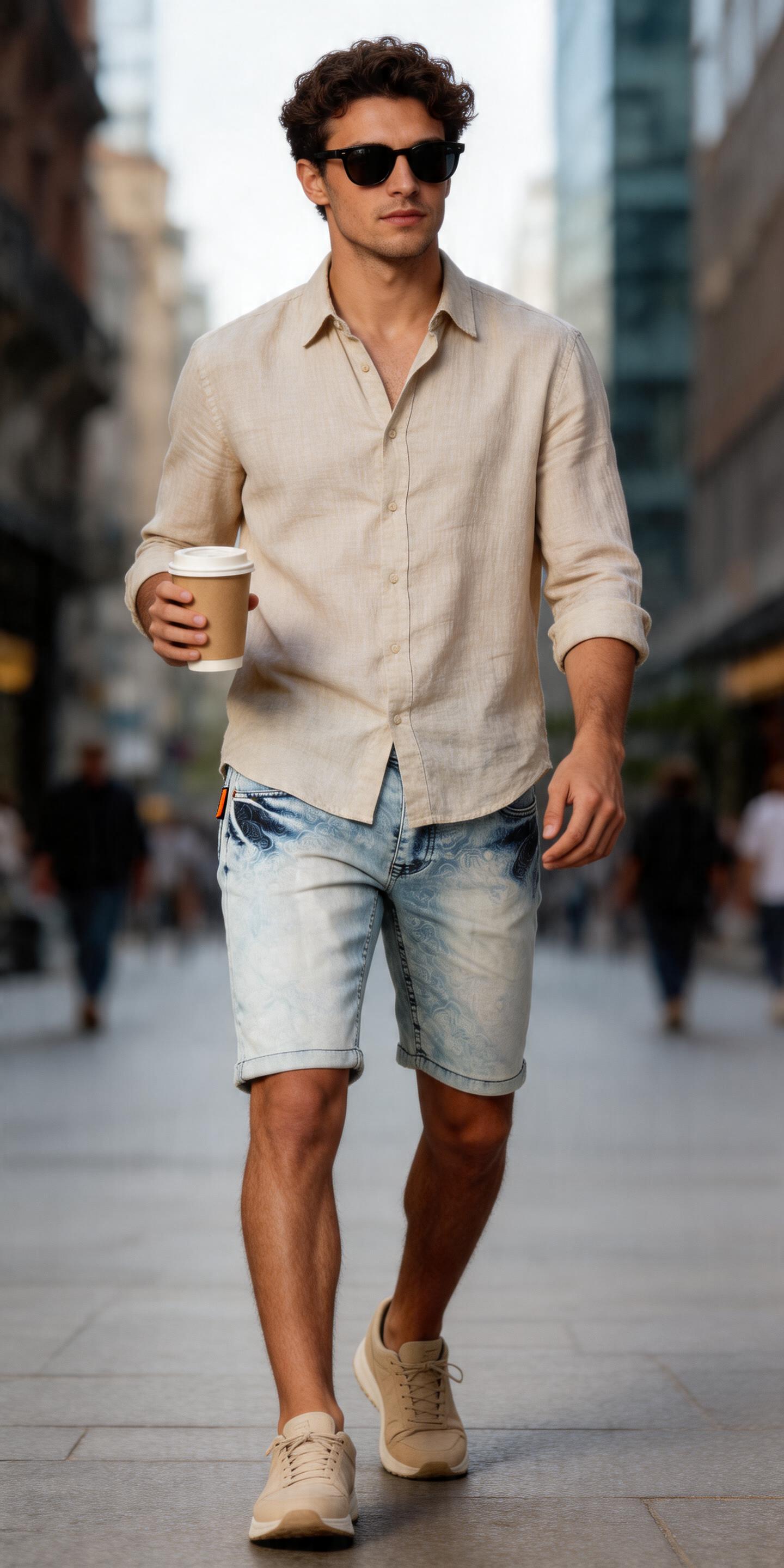 Erkek Denim Baskılı Halka Desenli Açık Mavi Şort