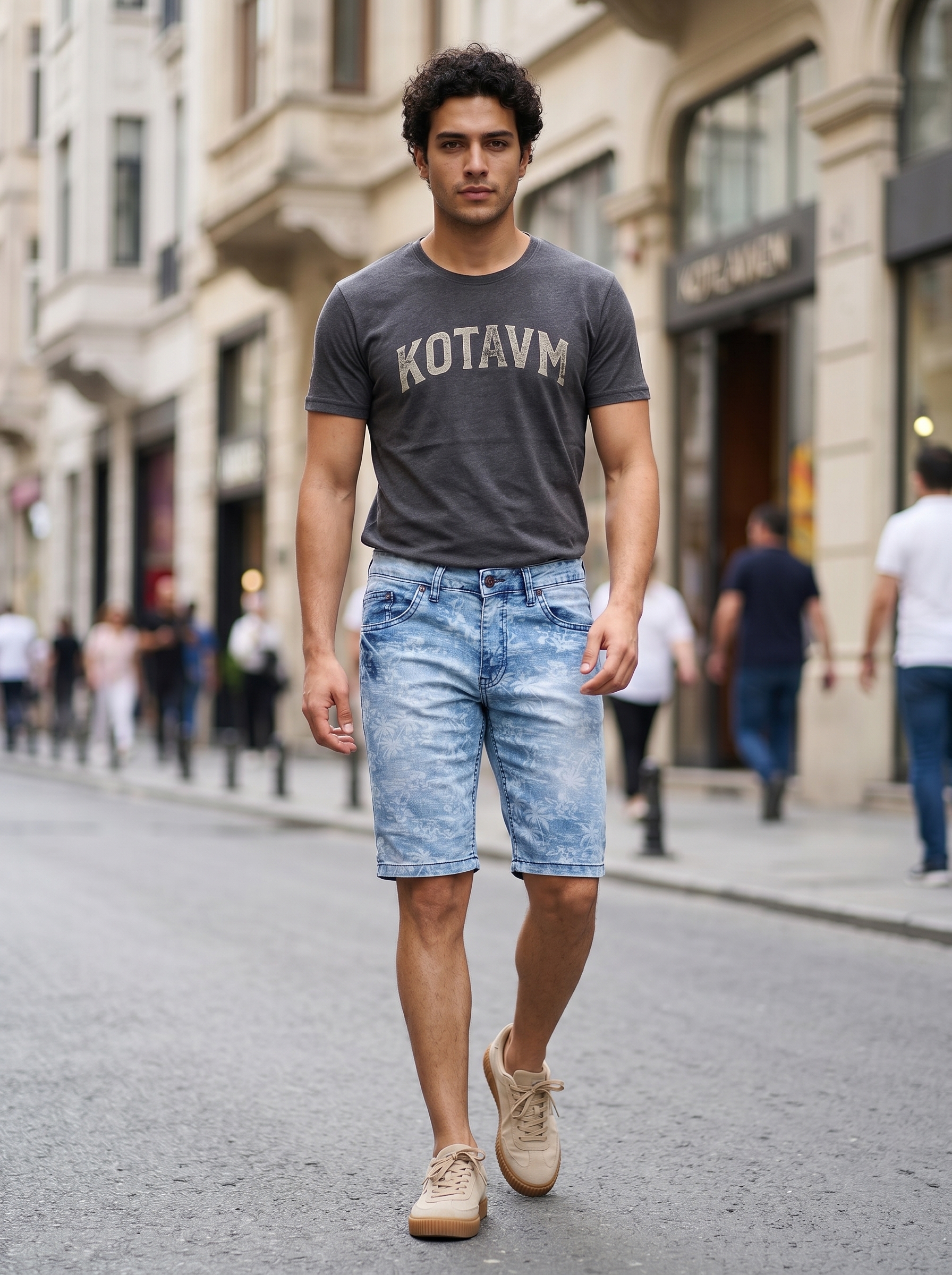 Erkek Mavi Denim Palmiye Desenli Şort