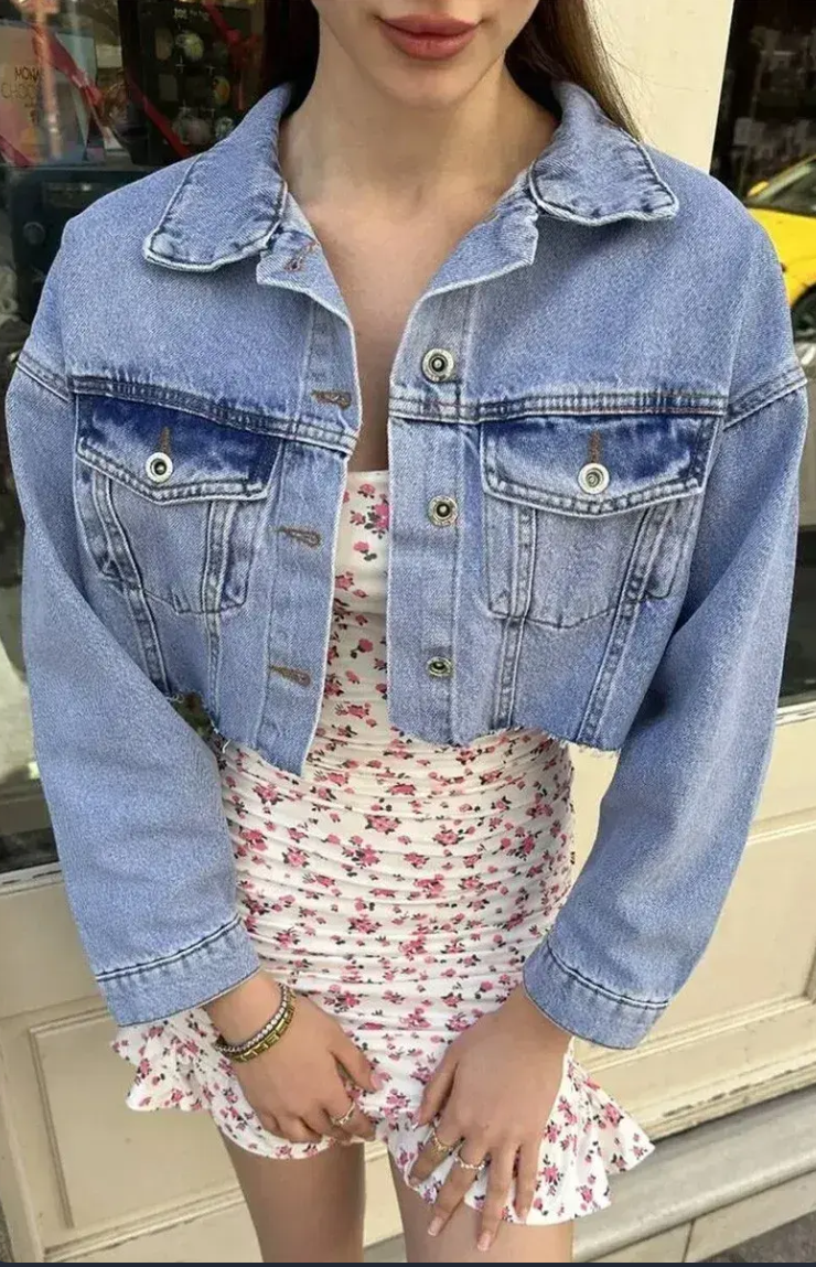 Buz Mavi-Kadın Kesik Bel Detaylı Denim Ceket