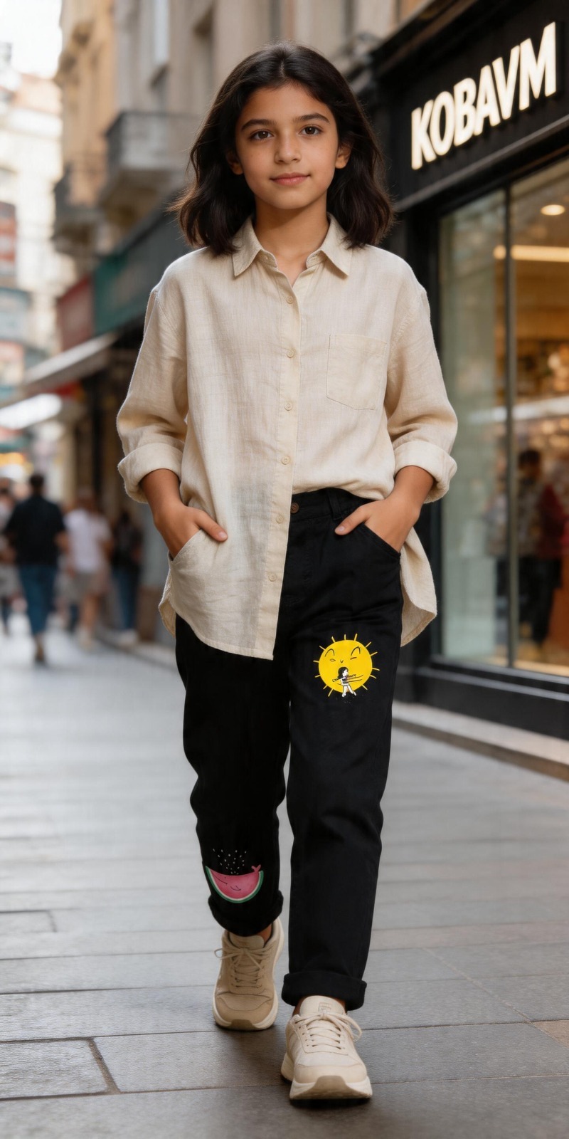 Unisex Çocuk Desenli Siyah Pantolon