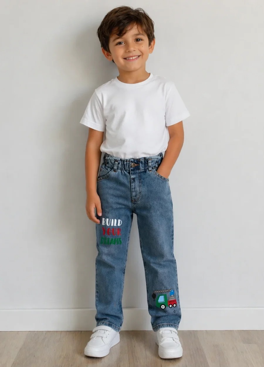 Buz Mavi- Araba Baskılı Çocuk Jeans