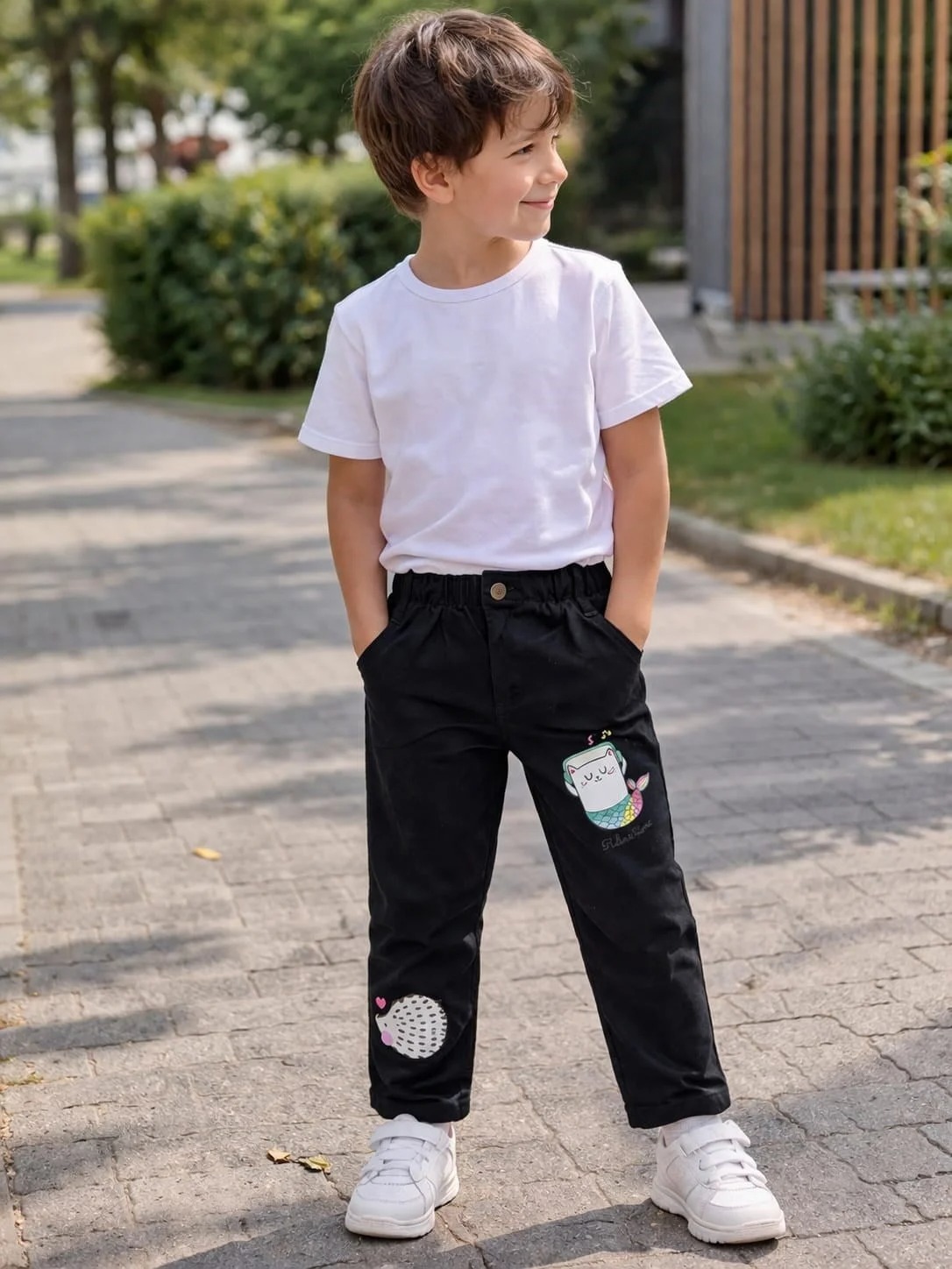Siyah- Kirpi Baskılı Unisex Çocuk Pantolonu