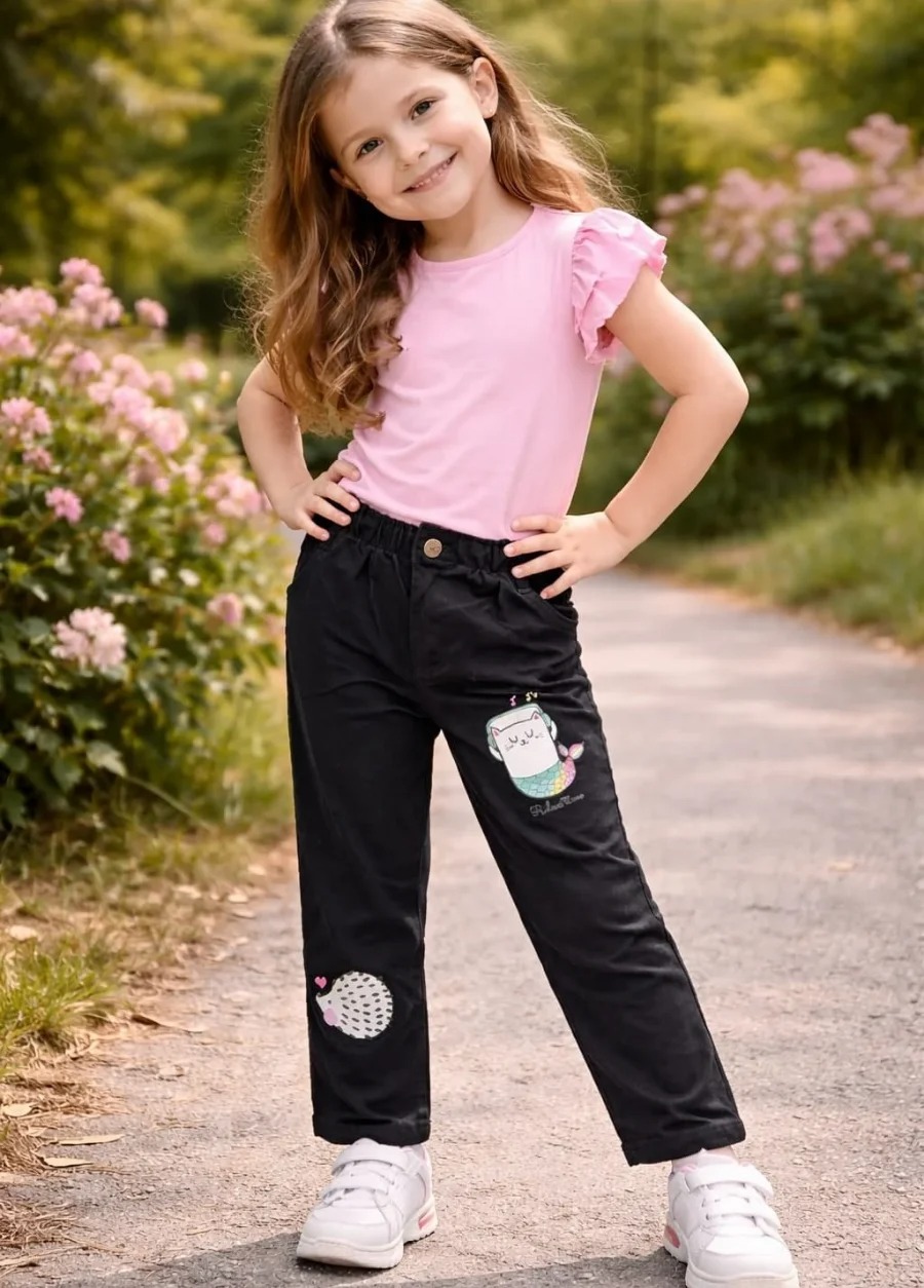 Siyah- Kirpi Baskılı Unisex Çocuk Pantolonu