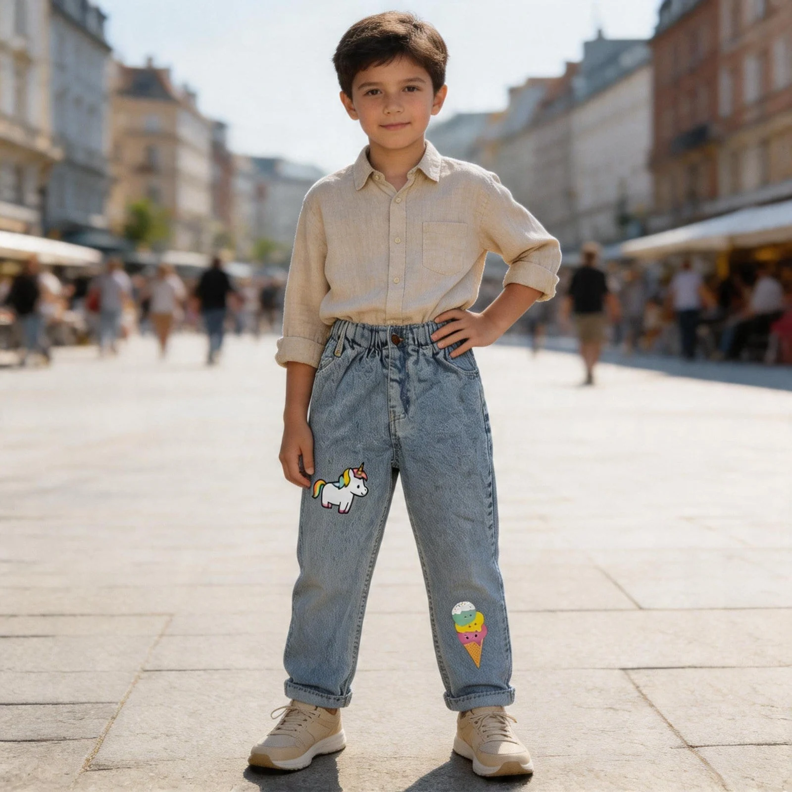 Buz Mavi- Ünikorn Baskılı Unisex Çocuk Pantolonu
