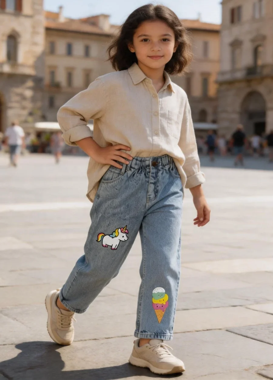 Buz Mavi- Ünikorn Baskılı Unisex Çocuk Pantolonu