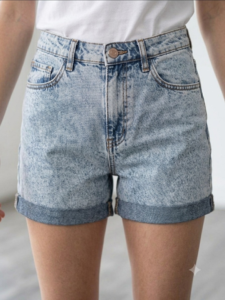 Buz Mavi- Duble Paça Denim Şort